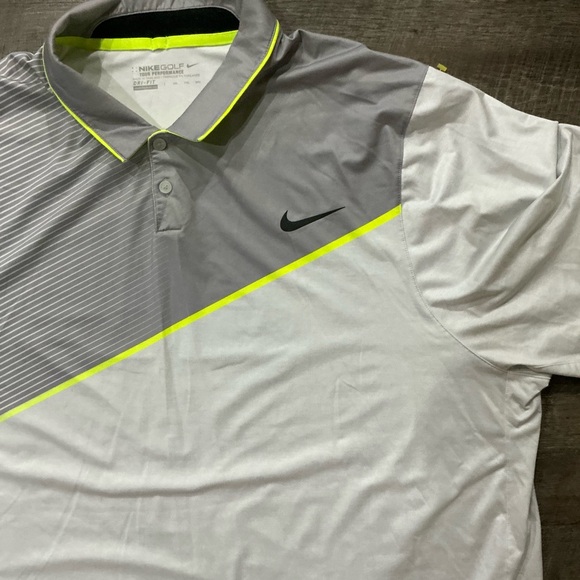 Nike Tour Performance Dri-Fit Golf Polo Shirt Mens XXL Gray Neon Yellow Striped - Picture 1 of 6